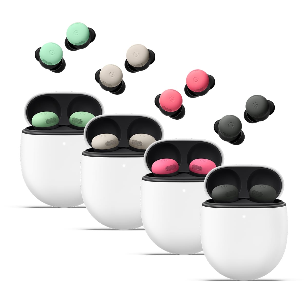 Google Pixel Buds Pro 2 真無線藍牙耳機，淺綠色、米白色、粉紅色、灰色四種款式與充電盒圖。