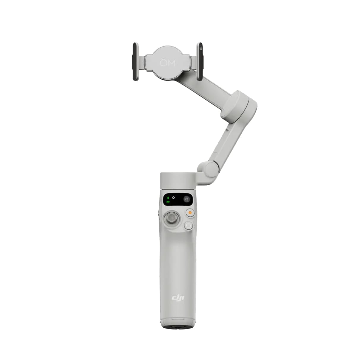 DJI Osmo Mobile 7 手機穩定器，淺灰色機身，單手握把與可折疊三軸雲台，夾具固定手機，手柄顯示控制按鍵與指示燈配置
