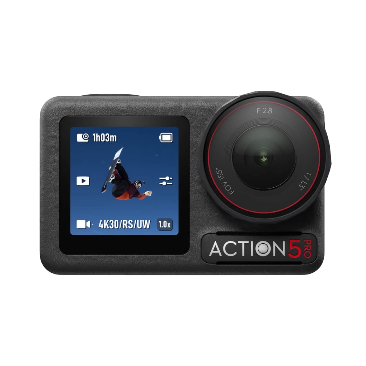 DJI Osmo Action 5 Pro 運動相機，黑色機身正面視角，前置鏡頭標示 F2.8、FOV155°，螢幕顯示 4K30/RS/UW 錄影介面與電量資訊