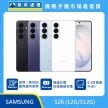 SAMSUNG Galaxy S26 12G/512G 手機展示，多色機身正背面排列，標示 圓角幾何設計、極速充電與快速無線充電、6.3吋 FHD+ 螢幕