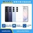 SAMSUNG Galaxy S26 12G/56G 手機展示，多色機身正背面排列，標示 圓角幾何設計、極速充電與快速無線充電、6.3吋 FHD+ 螢幕